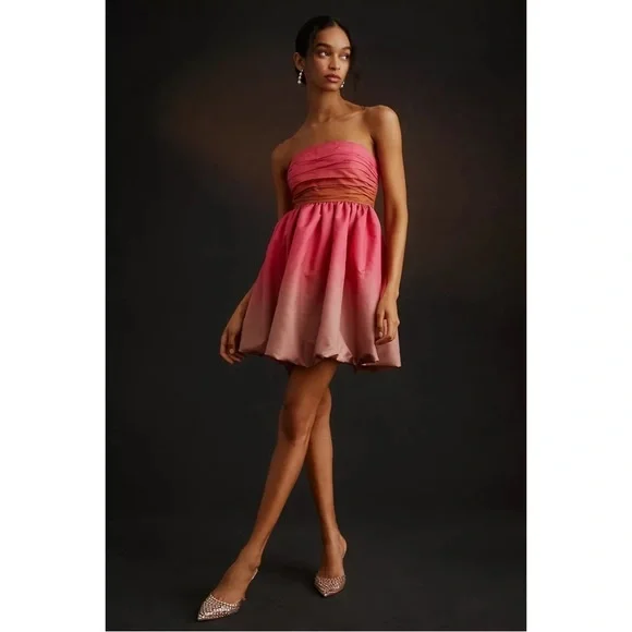ANTHROPOLOGIE Ombre Bubble Strapless Mini Dress Smocked Pink Vineet Bahl 6 NWT